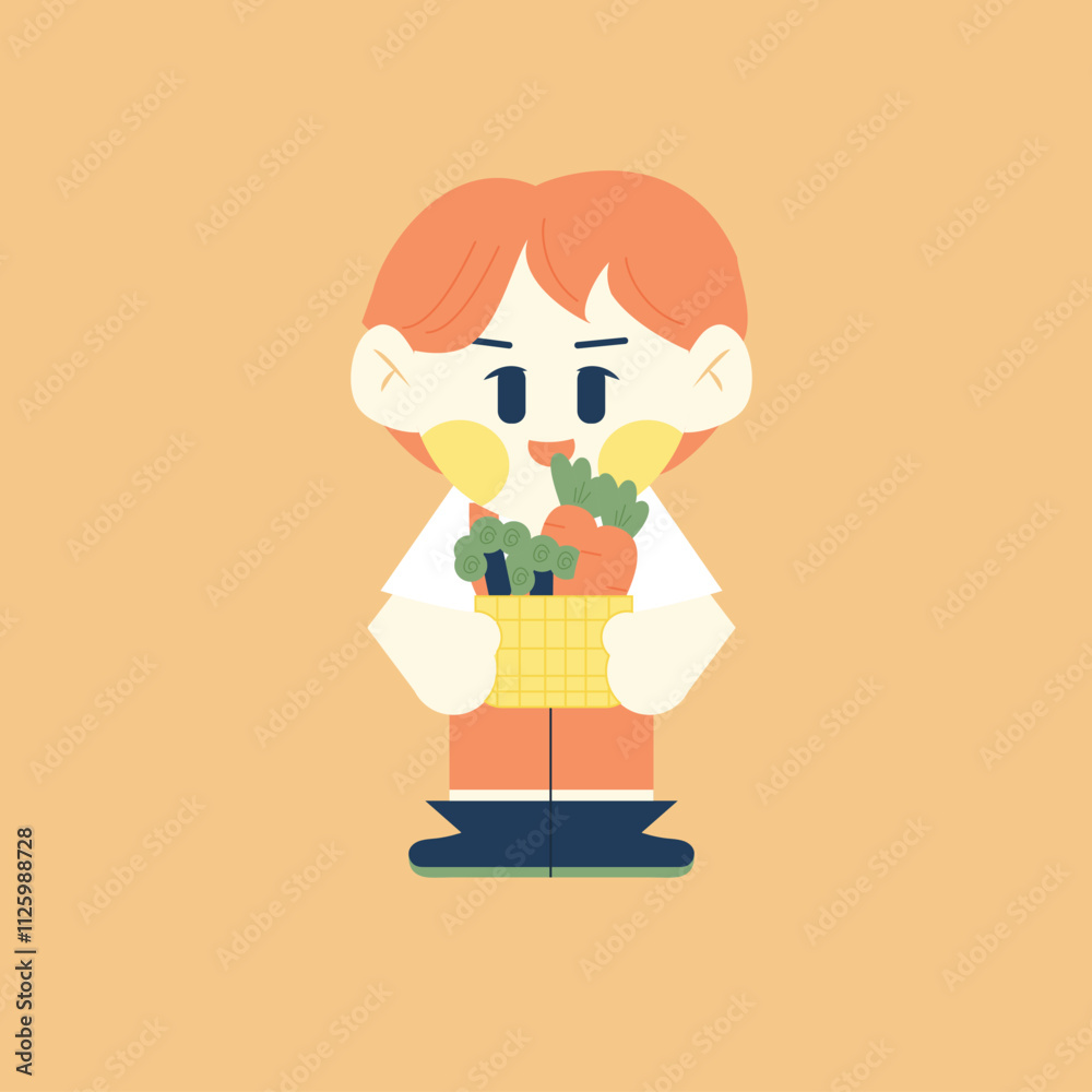 Cute Farmer Boy Holding a Basket Full of Vegetables. Cartoon Chibi Vector Flat Design Illustration Cute Farmer Boy Holding a Basket Full of Vegetables. Cartoon Chibi Vector Flat Design Illustration