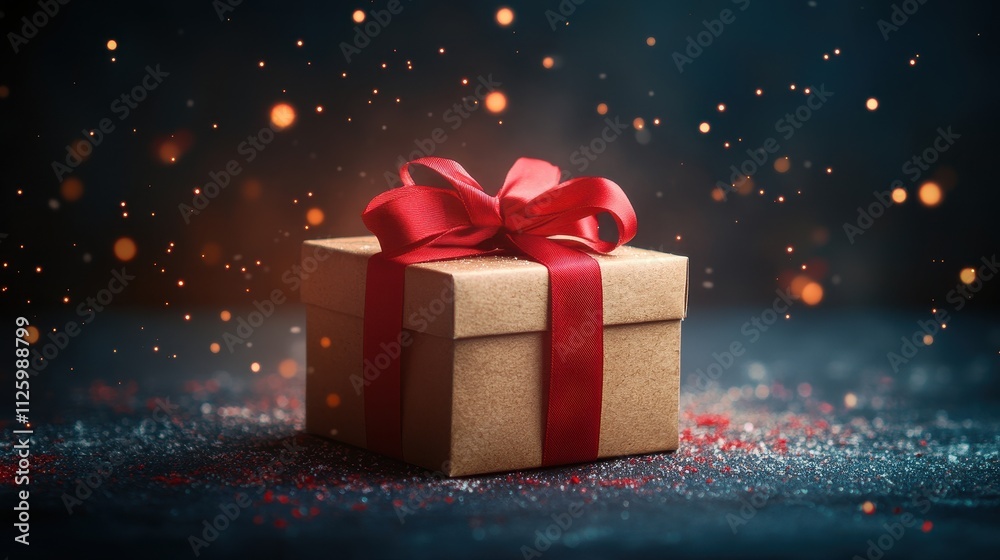 Kraft gift box with a red ribbon, bokeh background. Perfect for holiday, celebration, or gifting themes. Kraft gift box with a red ribbon, bokeh background. Perfect for holiday, celebration, or gifting themes.