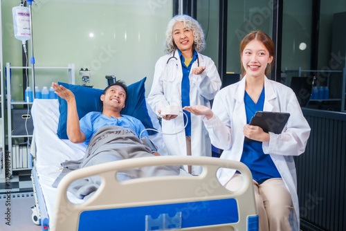 Two female doctors examine a patient lying on a hospital bed,discuss the medical chart,administer medicine,and provide encouragement, ensuring compassionate care and fostering the patient's recovery