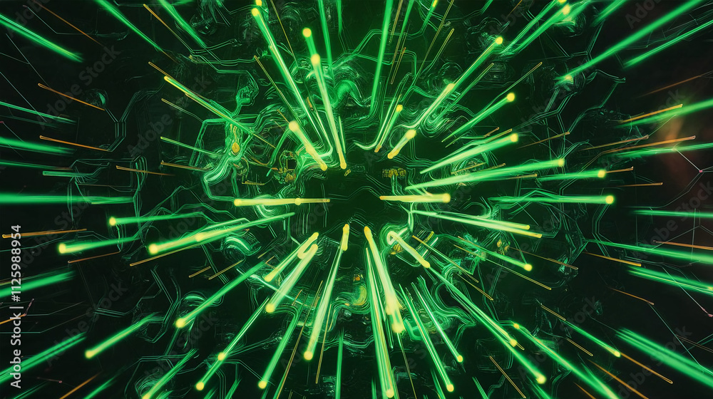 Fototapeta premium Green abstract technology network with glowing nodes and lines