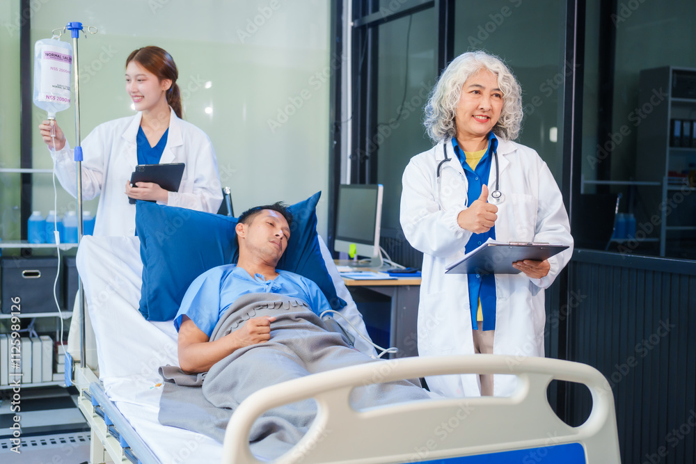 Fototapeta premium Two female doctors examine a patient lying on a hospital bed,discuss the medical chart,administer medicine,and provide encouragement, ensuring compassionate care and fostering the patient's recovery