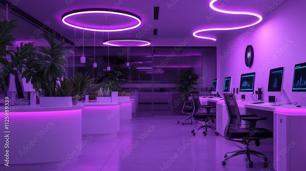 Modern Office Space Illuminated By Purple Neon Lights Modern Office Space Illuminated By Purple Neon Lights