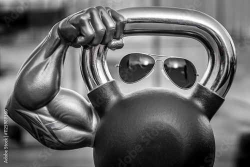 A kettlebell wearing sunglasses, flexing its handle like a strongman photo