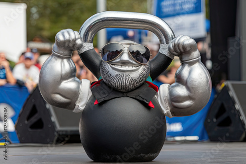 A kettlebell wearing sunglasses, flexing its handle like a strongman photo