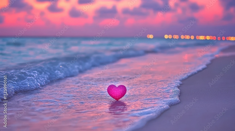 Fototapeta premium Serene Sunset Beach Pink Heart Gentle Waves Romantic Shore