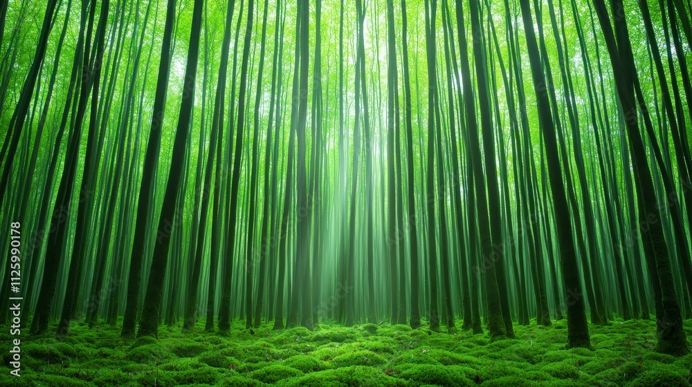 Serene Spring Forest Lush Green Trees Mossy Ground Sunlight Canopy Serene Spring Forest Lush Green Trees Mossy Ground Sunlight Canopy