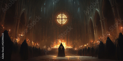 Mysterious figures in a dark gothic cathedral during a candlelit ceremony.