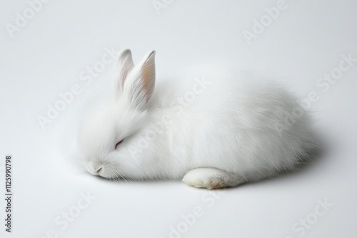 Bunny rabbit with a fluffy tail, relaxed on a white background, perfect for Easter themes photo