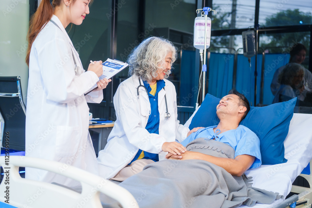 Two female doctors examine a patient lying on a hospital bed,discuss the medical chart,administer medicine,and provide encouragement, ensuring compassionate care and fostering the patient's recovery Two female doctors examine a patient lying on a hospital bed,discuss the medical chart,administer medicine,and provide encouragement, ensuring compassionate care and fostering the patient's recovery
