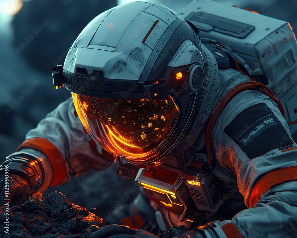 Asteroid mining concept. Astronaut exploring a rocky terrain with a glowing helmet in a sci-fi environment. Asteroid mining concept. Astronaut exploring a rocky terrain with a glowing helmet in a sci-fi environment.