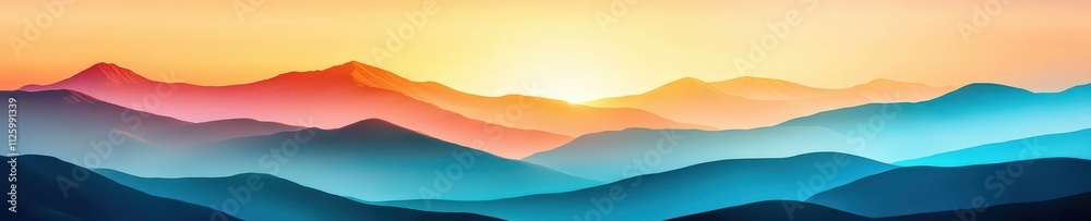 A beautiful mountain range with a bright orange sun in the sky A beautiful mountain range with a bright orange sun in the sky