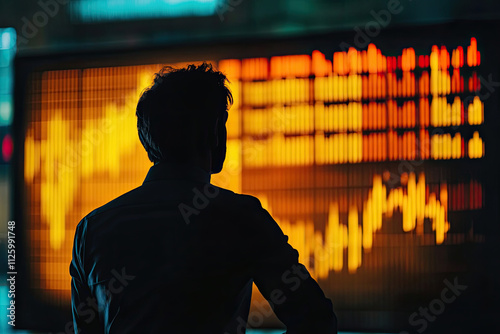 Silhouette of a businessman looking at digital stock charts on a large screen, symbolizing market analysis photo