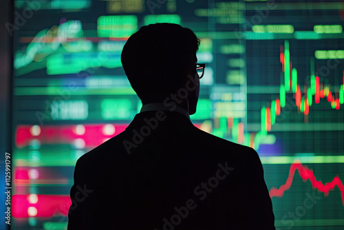 Silhouette of a businessman looking at digital stock charts on a large screen, symbolizing market analysis