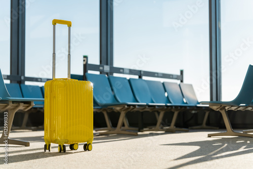 Travel, The suitcases in an empty airport hall, traveler cases in the departure airport terminal waiting for the area, vacation concept, blank space for text message or design, luggage for travel. photo