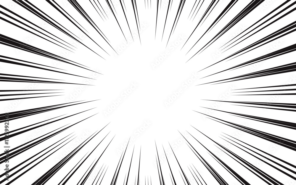 Motion radial lines isolated on white background. Comic book style, Manga action frame lines. Cartoon template design. Black and white vector illustration