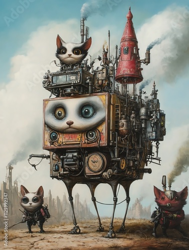 A whimsical, steampunk-inspired machine with cartoonish cat figures, set in a surreal landscape. photo