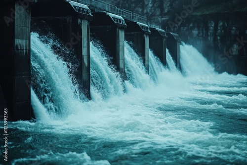 Water surges over dam spillway gates. Illustrates hydroelectric power generation, showing water's force and energy. photo