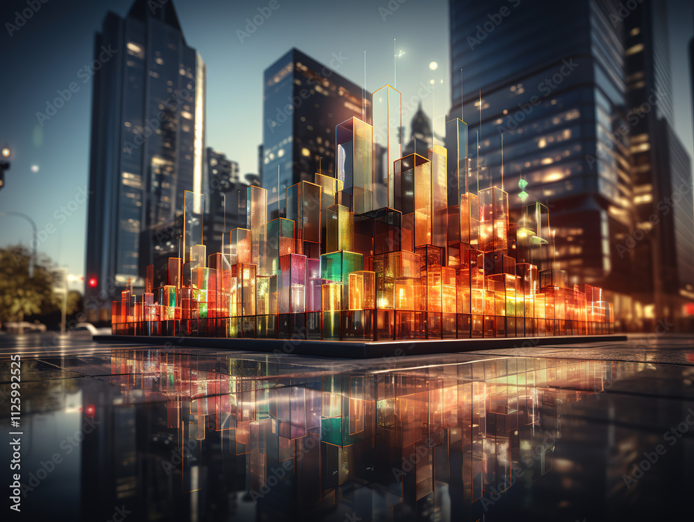 Double exposure of a financial chart hologram illustrating strategy on a business center exterior Double exposure of a financial chart hologram illustrating strategy on a business center exterior