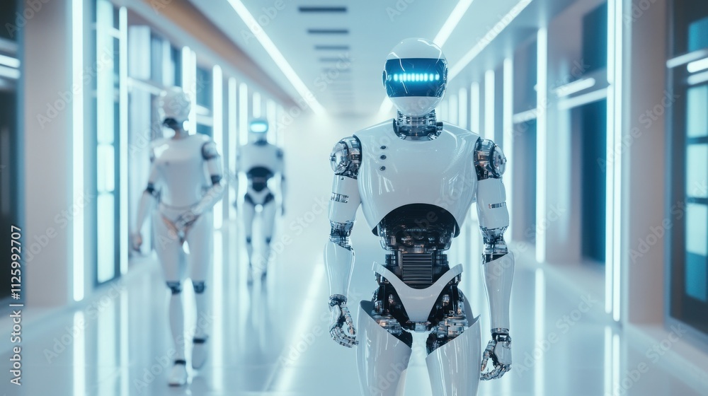 Advanced Robots Walking In A Futuristic Corridor Advanced Robots Walking In A Futuristic Corridor