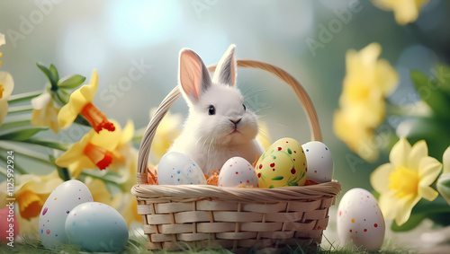 White rabbit in a basket with eggs.  Generated AI