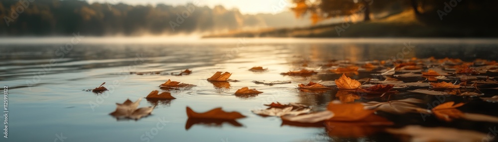 Autumn Leaves Floating Calmly On A Misty Lake Autumn Leaves Floating Calmly On A Misty Lake