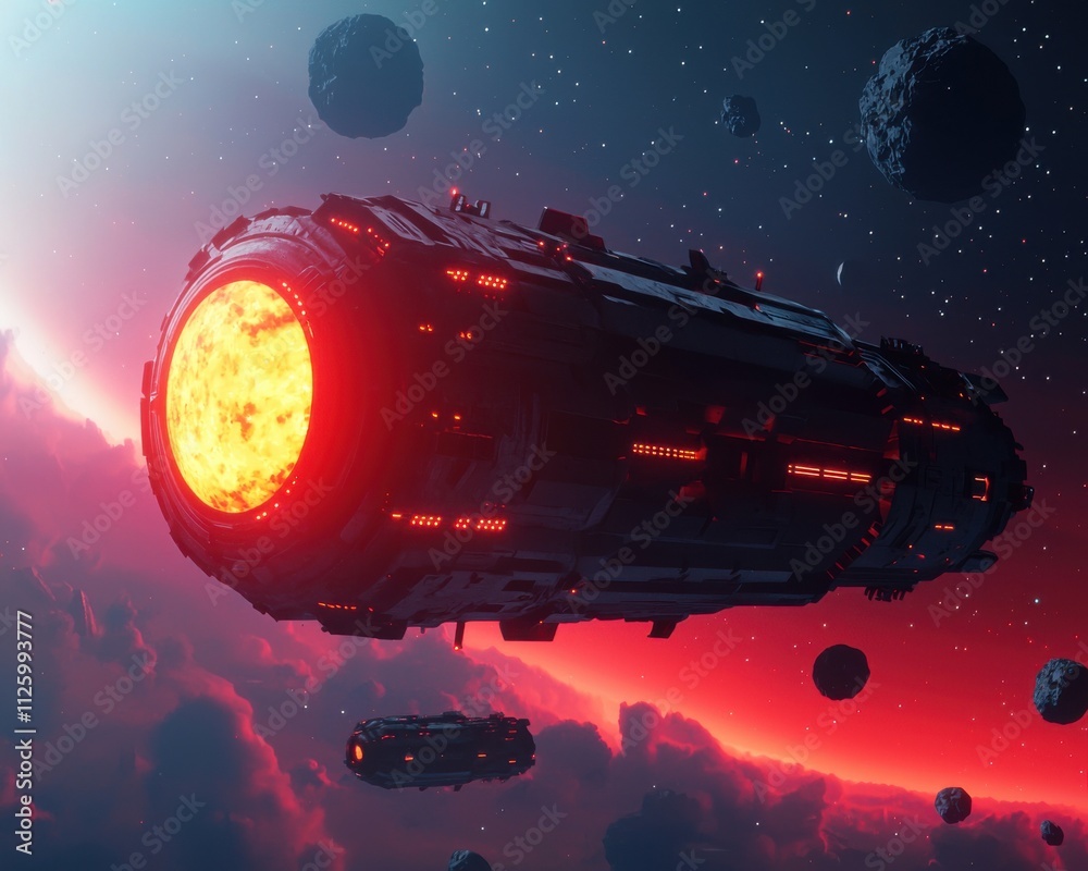 Obraz premium Asteroid mining concept. Futuristic spacecraft illuminated by red light in a cosmic landscape.