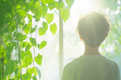 A person standing in front of the window, surrounded by green leaves and sunlight filtering through them.  This scene captures tranquility and connection with natural elements. photo