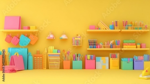 Colorful School Supplies Organized On Yellow Shelves