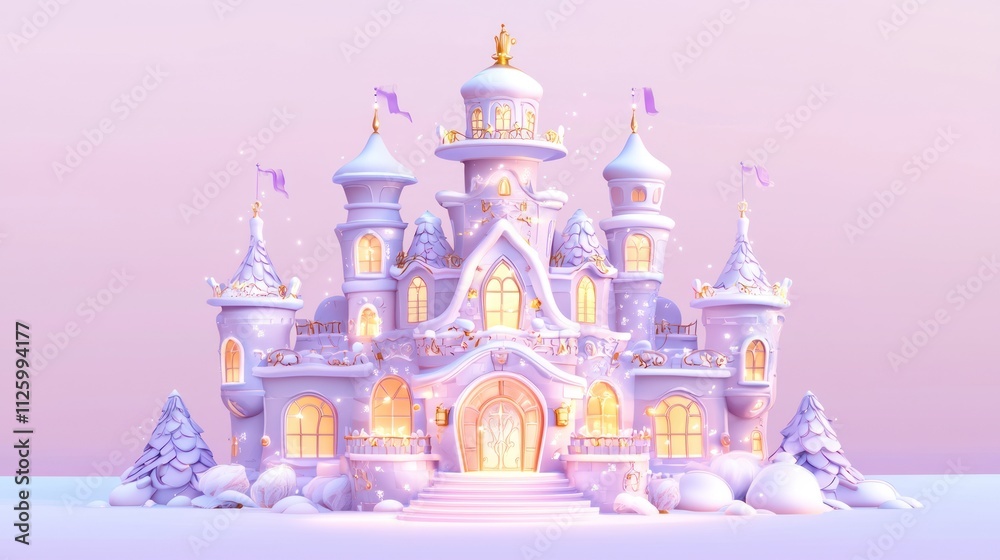 A whimsical pastel pink winter castle scene A whimsical pastel pink winter castle scene