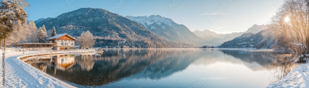 Fototapeta premium Alpine Lake House Winter Mountain Scenery
