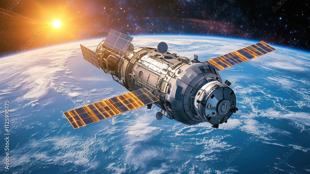 Spacecraft Orbiting Earth During Sunrise Showing Solar Panels