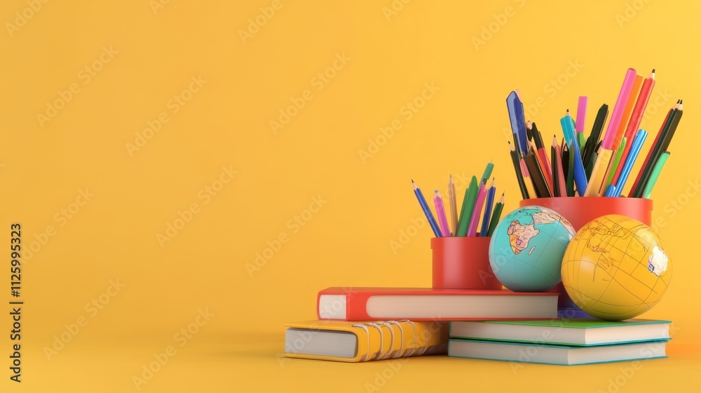 Fototapeta premium Colorful School Supplies and Globes Resting on Books