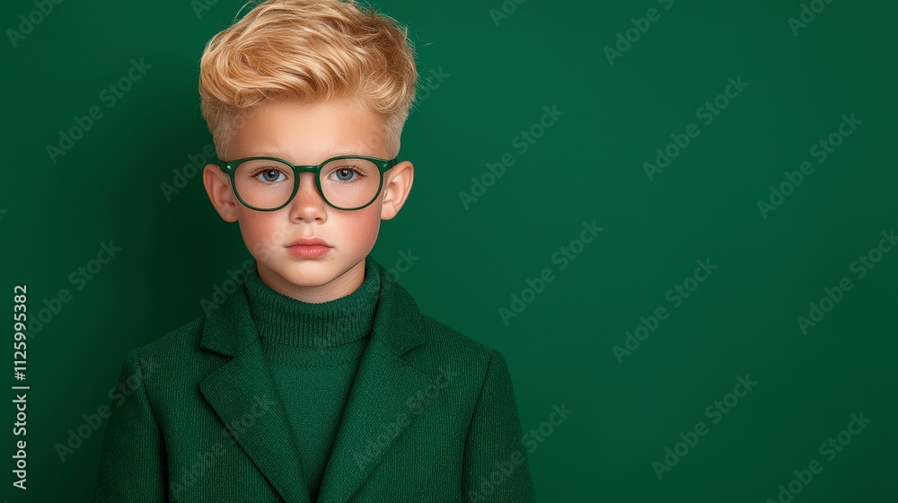 Smart Boy  Green Coat  Glasses  Serious Expression  Child Portrait  Studio Shot