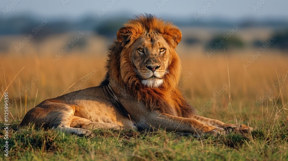 Majestic male lion resting in golden savanna grass at sunrise. Majestic male lion resting in golden savanna grass at sunrise.