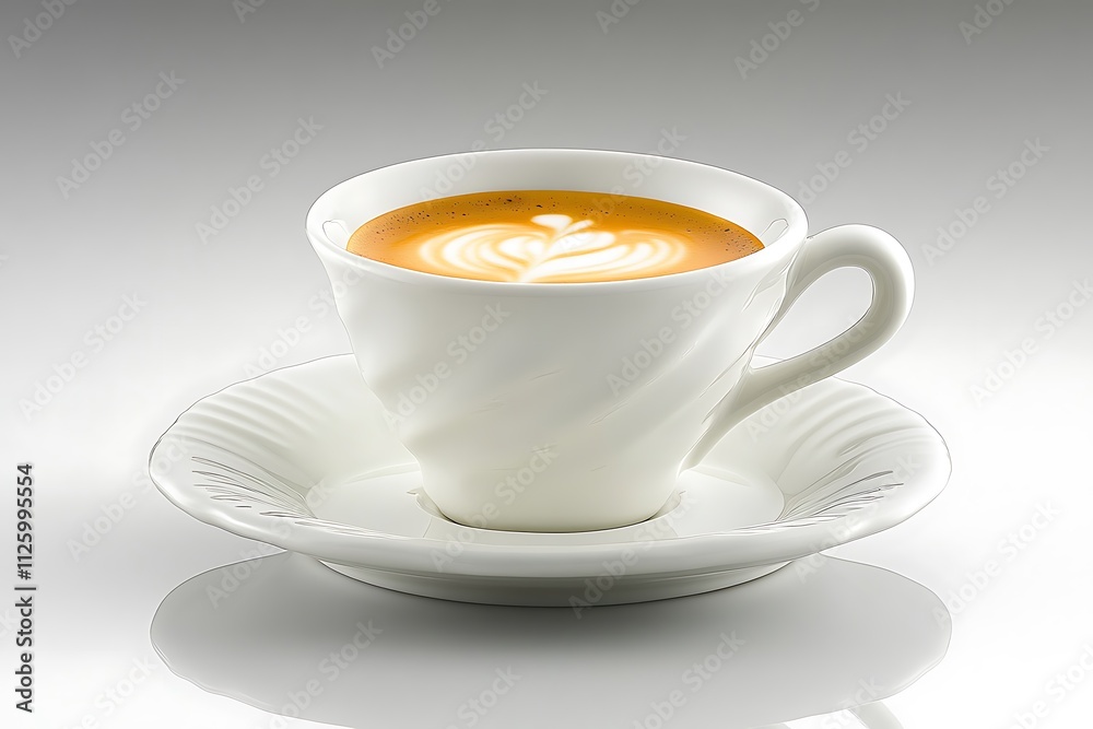 A single-shot espresso cup sits alone on a white background. Its handle curves gracefully, and the glossy surface of the porcelain mug contrasts with the dark liquid inside. A delicate layer A single-shot espresso cup sits alone on a white background. Its handle curves gracefully, and the glossy surface of the porcelain mug contrasts with the dark liquid inside. A delicate layer