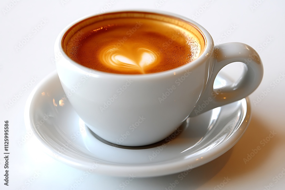 A single-shot espresso cup sits alone on a white background. Its handle curves gracefully, and the glossy surface of the porcelain mug contrasts with the dark liquid inside. A delicate layer 