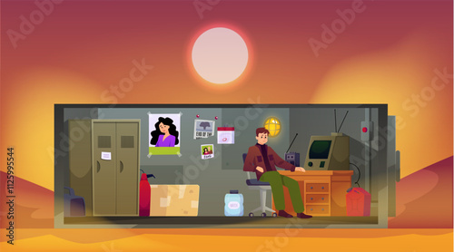 Bunker with man in lifeless desert area, vector cartoon shelter room with hopper door, retro walkie talkie and computer