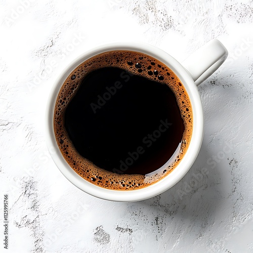 A top-down perspective of a freshly poured cup of coffee resting on a white background. The mug is perfectly round, and the coffee inside shows subtle ripples. No spoon, no sugar, nothing else 