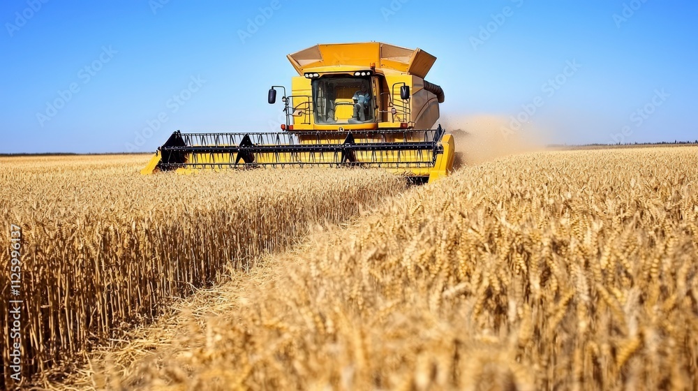 Fototapeta premium Harvesting Wheat Golden Field Combine Harvester Agriculture