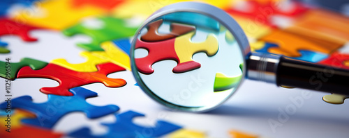Brightly colored jigsaw puzzle pieces under magnifying glass highlighting the intricate details and patterns