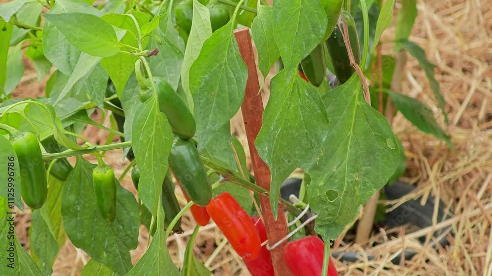 Red pepper in the garden. Fresh vegetables.