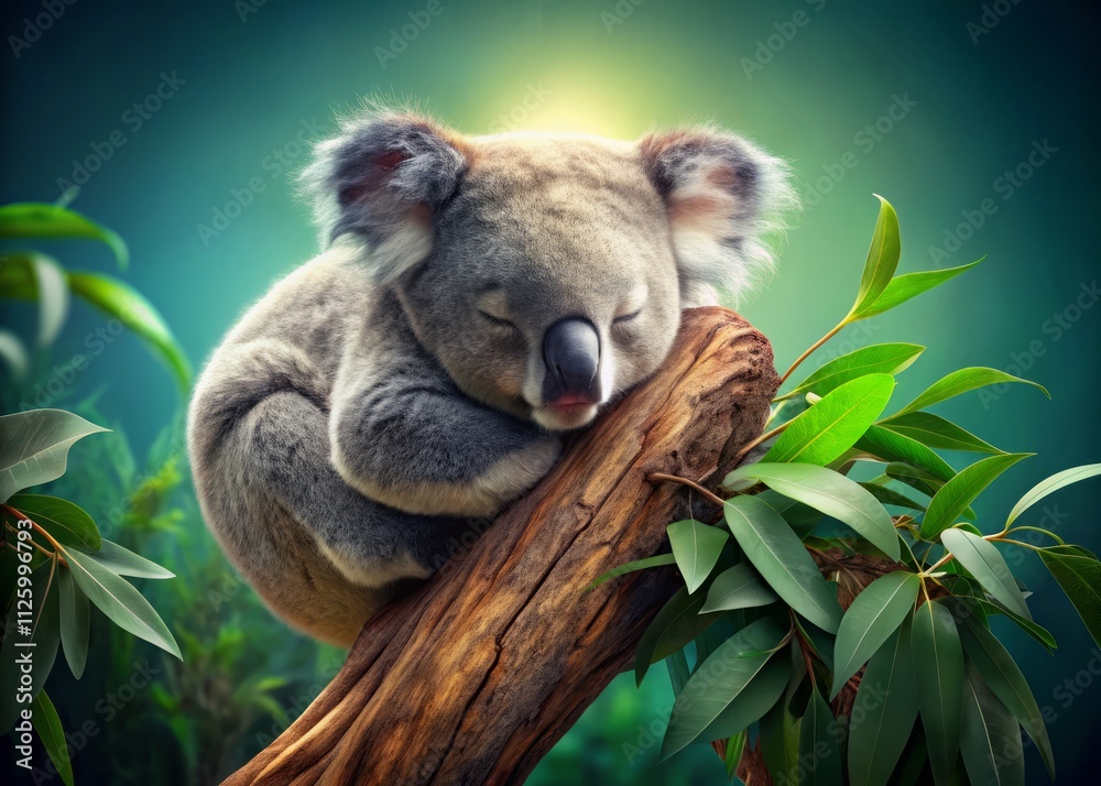 Fototapeta premium 3D Koala Sleeping in Tree, Gradient Background, Cute Animal, Creative Design, Digital Art, Stock Image