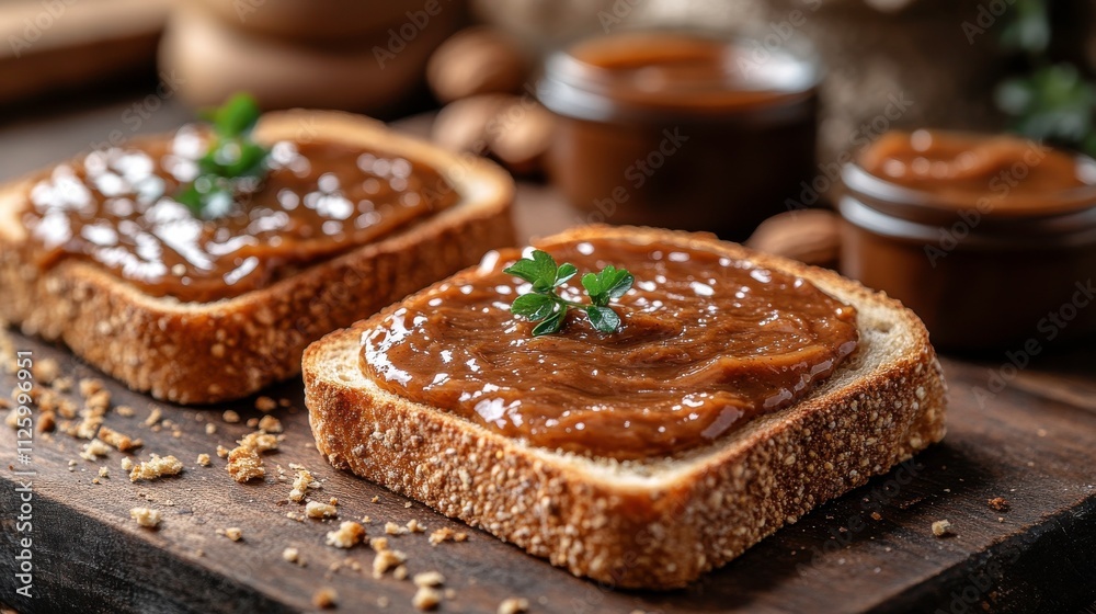 Two slices of sesame bread topped with a sweet spread, garnished with a small herb. Two slices of sesame bread topped with a sweet spread, garnished with a small herb.
