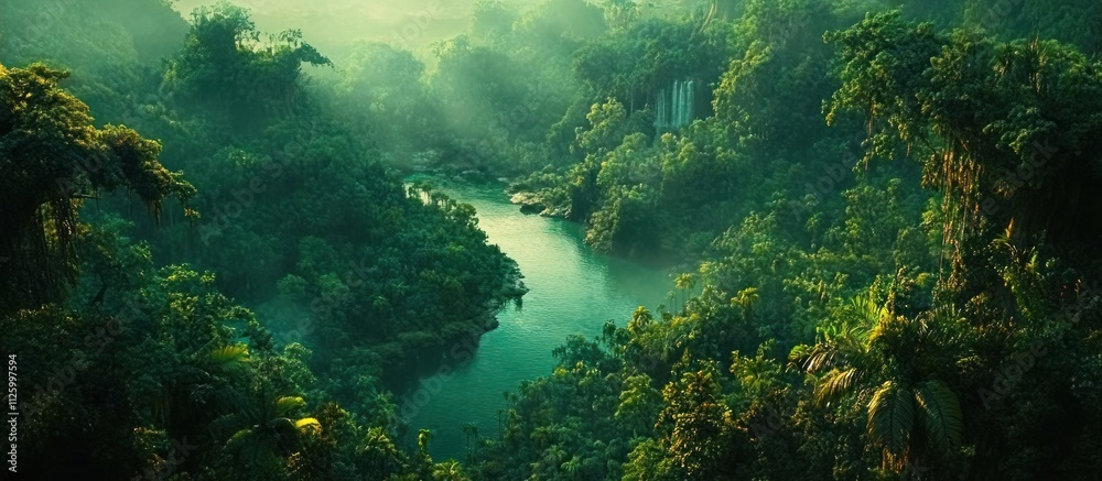 Fototapeta premium Lush green jungle river valley aerial view.