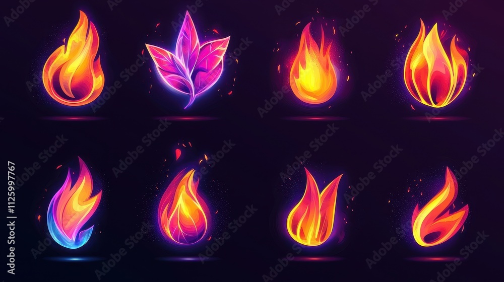 Glowing Fire Icons with Sharp Edges in Vibrant Vector Design for Creative Projects Glowing Fire Icons with Sharp Edges in Vibrant Vector Design for Creative Projects