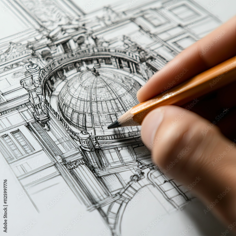 Hand sketching detailed architectural drawing, pencil shading. Hand sketching detailed architectural drawing, pencil shading.