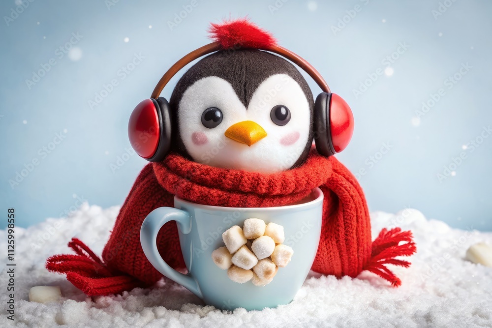 Adorable Penguin in Red Earmuffs & Scarf, Hot Chocolate, Winter, Drone Photography, White Background Adorable Penguin in Red Earmuffs & Scarf, Hot Chocolate, Winter, Drone Photography, White Background