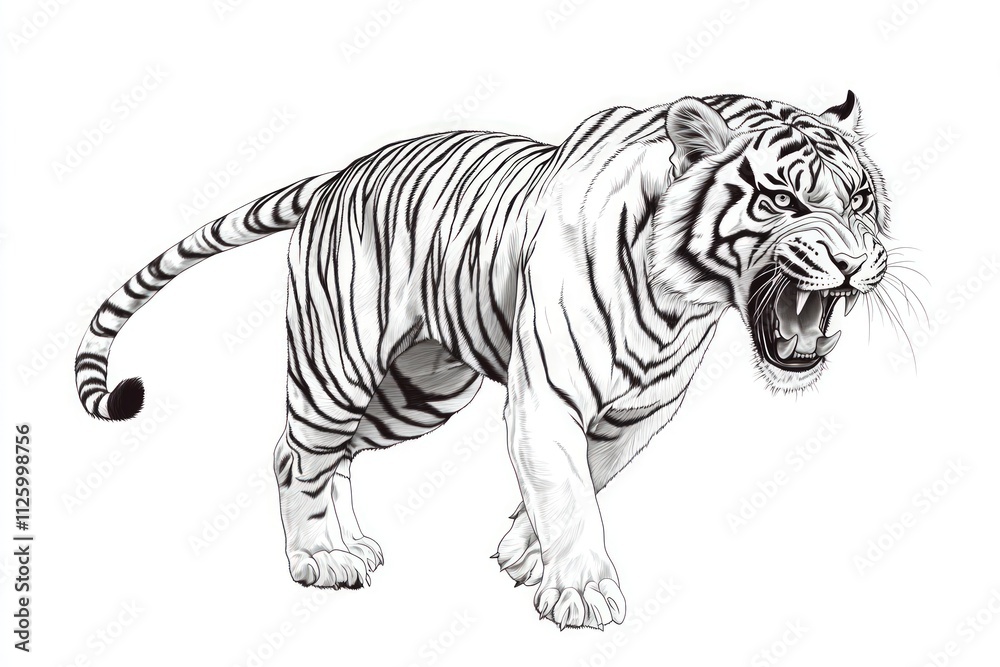 Aggressive white tiger, snarling, detailed sketch. Aggressive white tiger, snarling, detailed sketch.