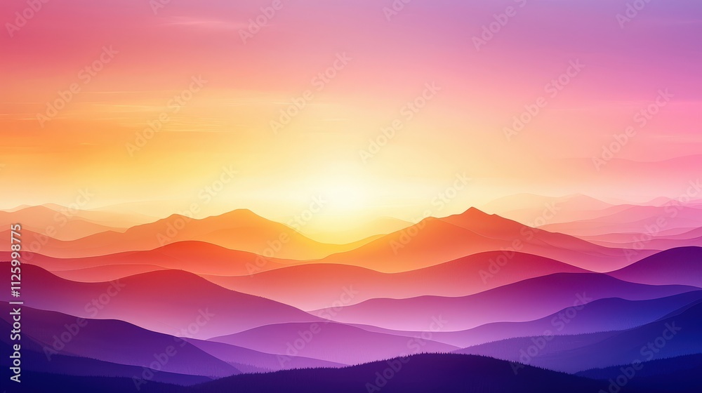 A beautiful mountain range with a bright orange sun in the sky A beautiful mountain range with a bright orange sun in the sky