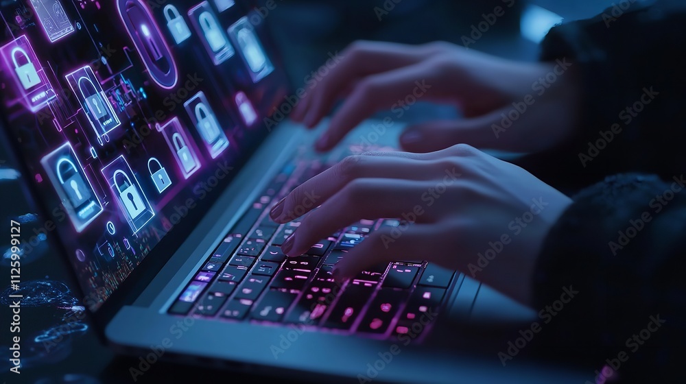 Close-Up of Hands Typing on a Laptop with Digital Display Close-Up of Hands Typing on a Laptop with Digital Display